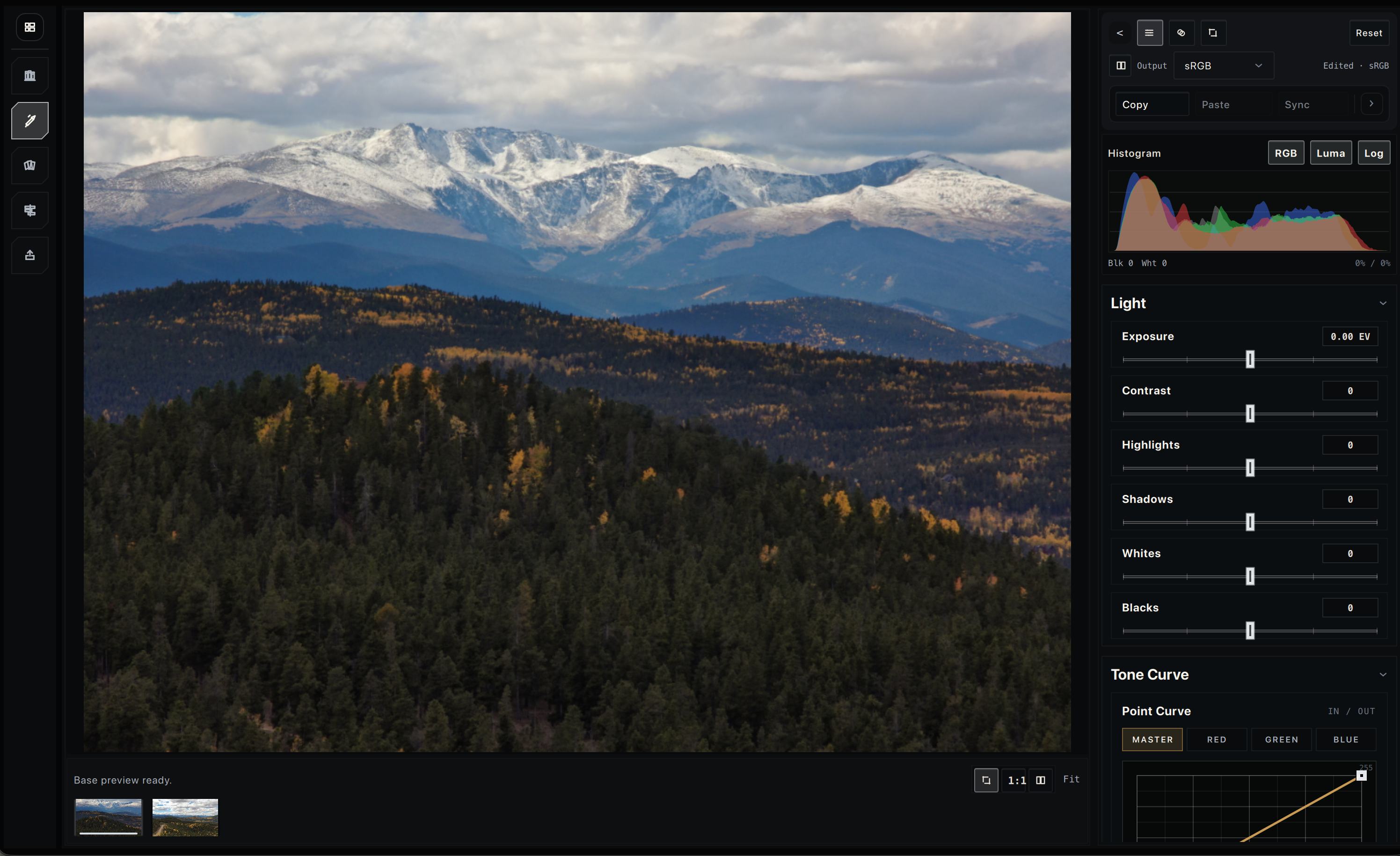 PhotoEditor edit workspace with image preview, filmstrip, histogram, and tone controls.